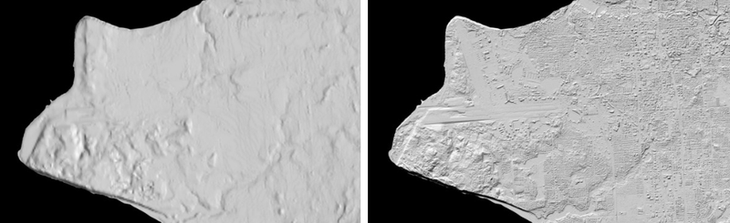 Side-by-side comparison of elevation maps of Anchorage produced with current datasets (left) and the newly available topographic data (right).